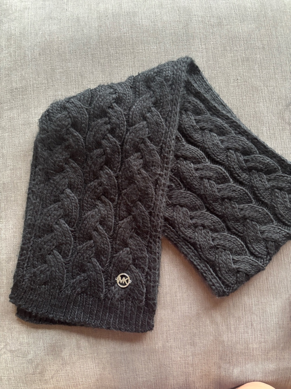 Michael Kors Black Cable Knit Winter Scarf with MK Logo Charm